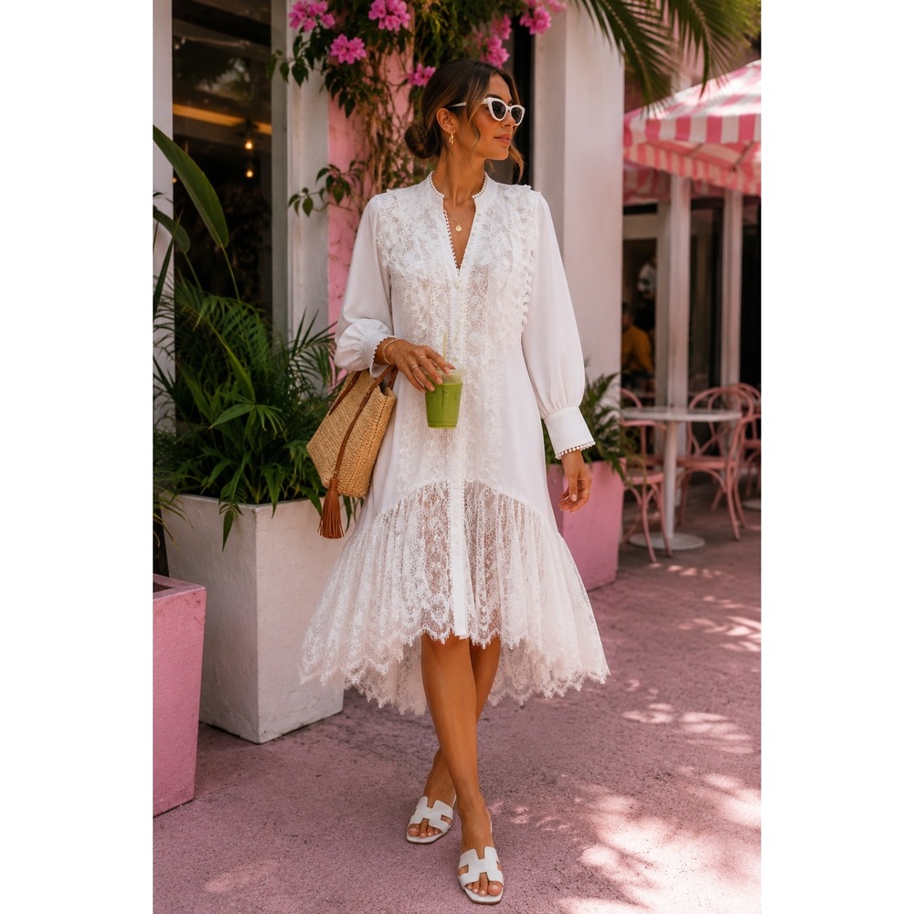 LUMO White Lace Button Front High Low Dress Long Sleeve Bridal Event Size 36